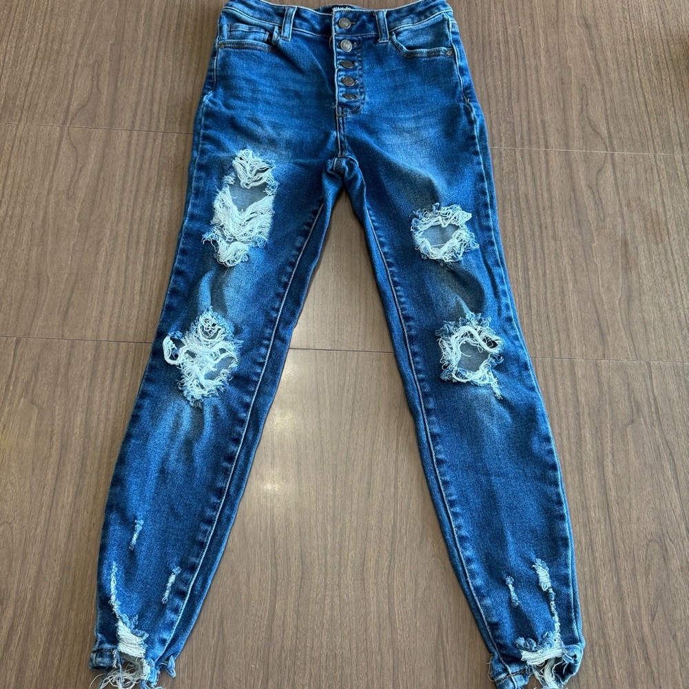 Wax Jeans Junior’s 3 26 Blue Mid-Rise Skinny Denim Pants Distressed Button Fly
